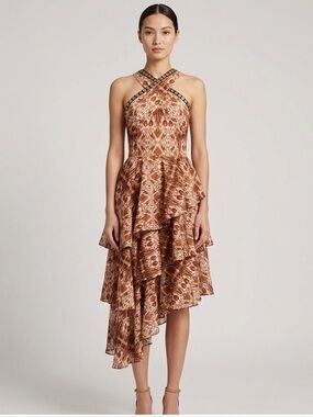 Autumn Adeigbo Signy Dress Brown Multi Tiered Ruffle NWT Midi Size 6 Made in USA
